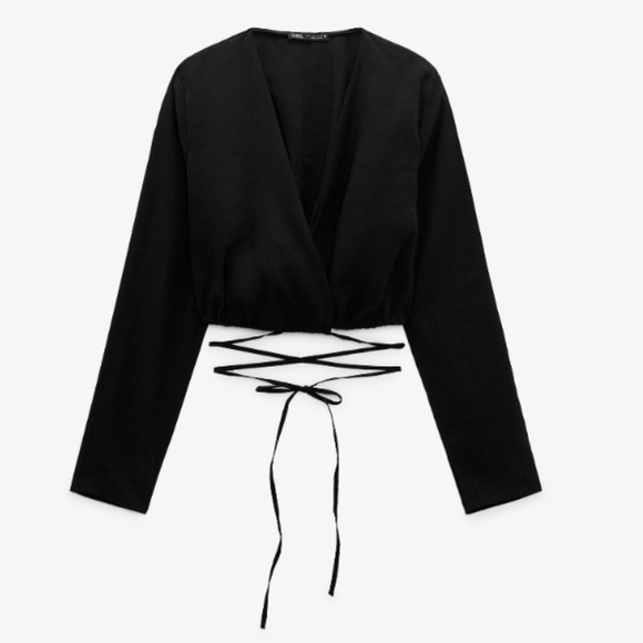Zara Tie Waist Wrap crop shirt black size Large NEW @E - Picture 2 of 11